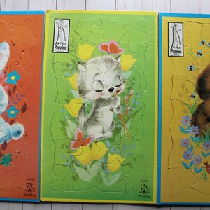 Vintage Set of 3 Lankies &#39;N-Tray Kitten - Bunny - Bear Jigsaw Puzzles 1960s