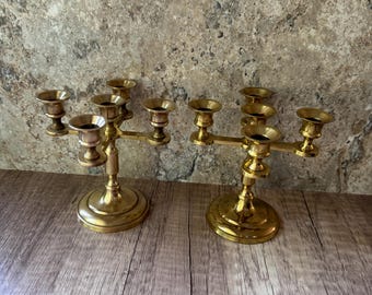 Vintage Pair of Petite Brass Candelabra 5 Arm Taper Candlestick Holders 1980s