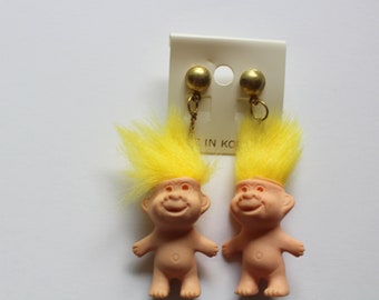 Vintage APSCO Troll-Kins Yellow Hair Troll Earrings 1991