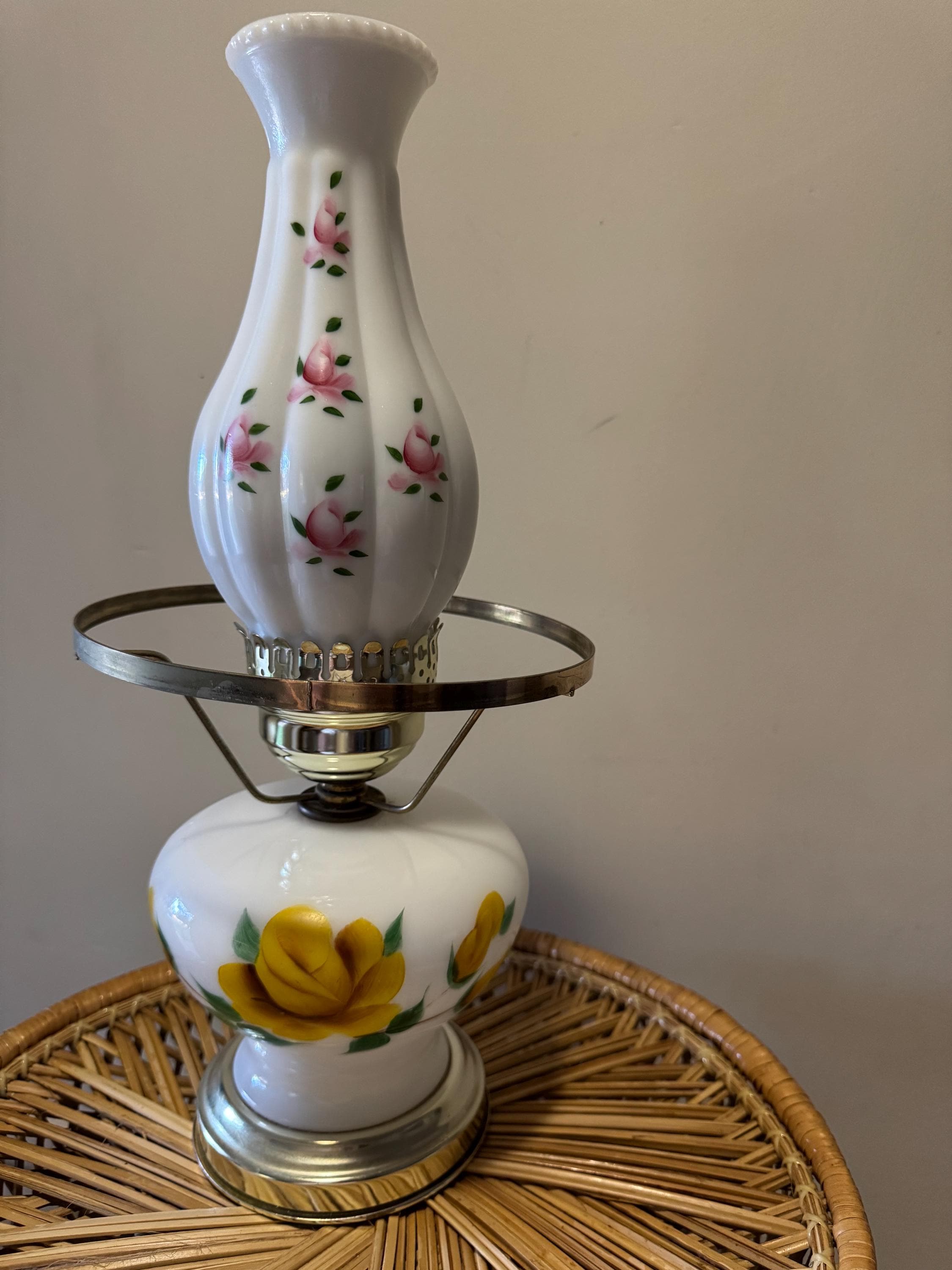 Vintage Floral Milk Glass Table Lamp With Floral Hurricane Glass