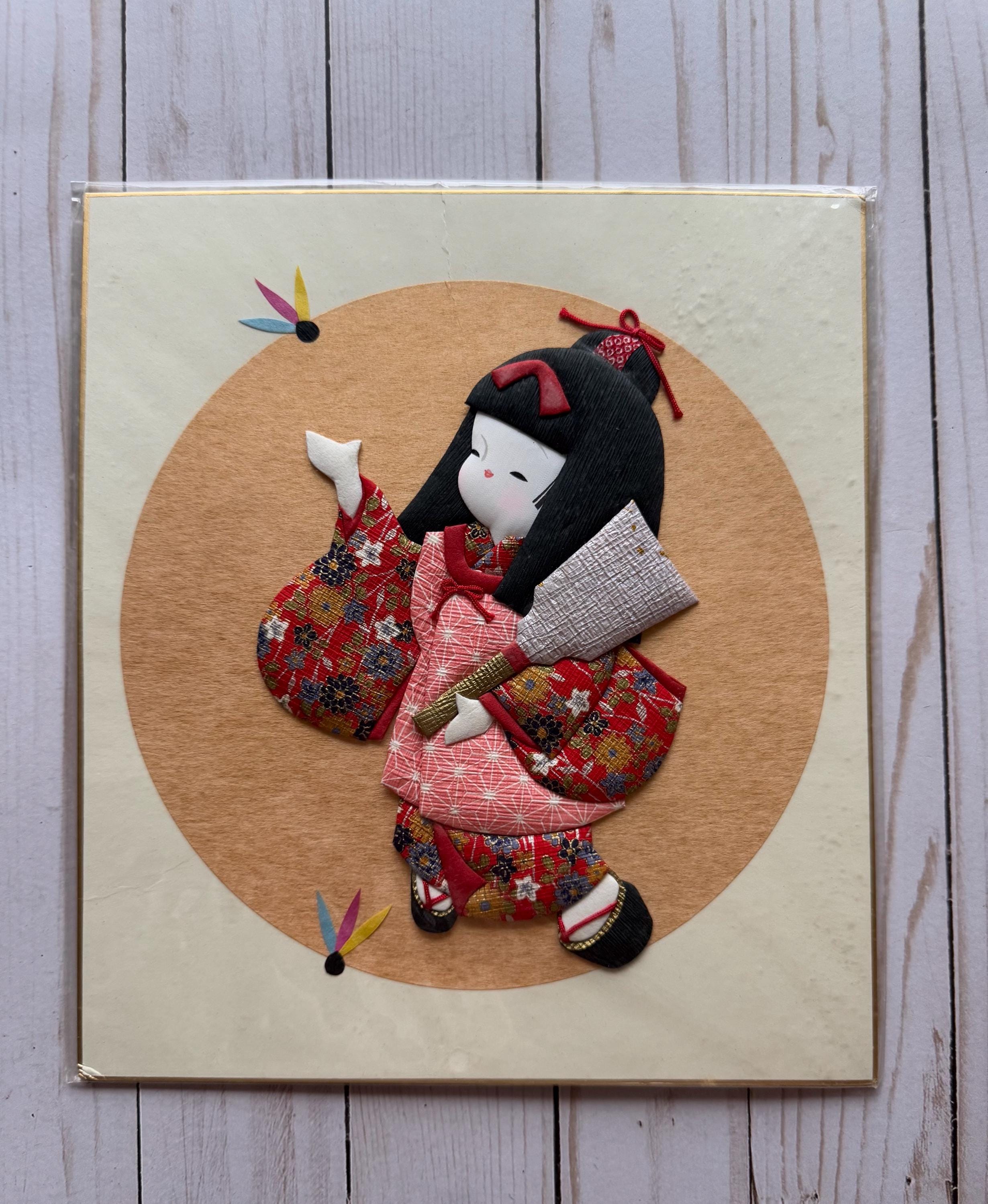 【 伊藤小坡 直筆『御所人形』】　絹本色紙　額装　　　　N1017A Oshie Doll - Etsy