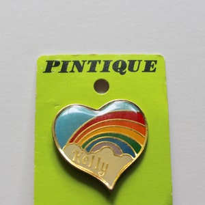 Vintage Heart Shaped Rainbow Kelly Name Enamel Brooch Lapel Pin 1980s image 2