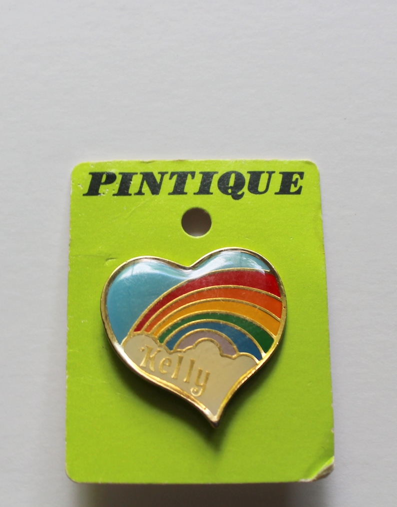 Vintage Heart Shaped Rainbow Kelly Name Enamel Brooch Lapel Pin 1980s image 2