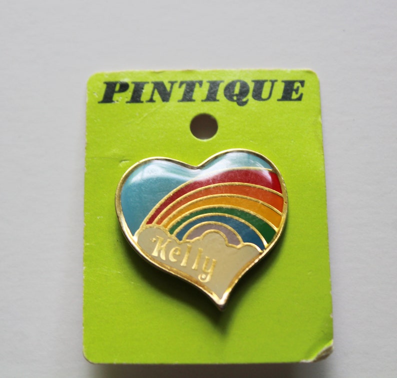 Vintage Heart Shaped Rainbow Kelly Name Enamel Brooch Lapel Pin 1980s image 3