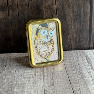 May include: A small, rectangular gold-colored picture frame with a detailed illustration of an owl. The owl has large, light blue eyes and is perched in a tree. The frame has rounded corners.