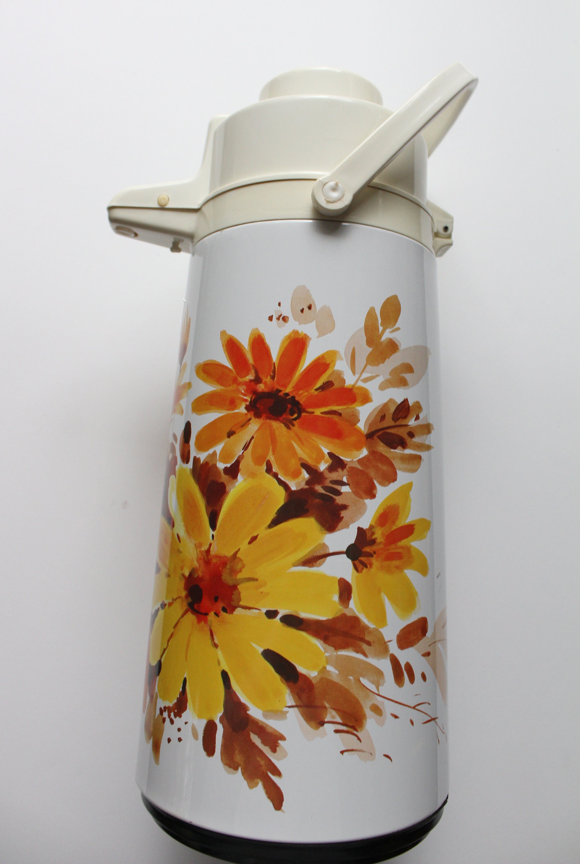 Vtg Thermos Vacuum Air Pot Touch Top Pump Glass Lined Coffee Carafe Rose  Flower