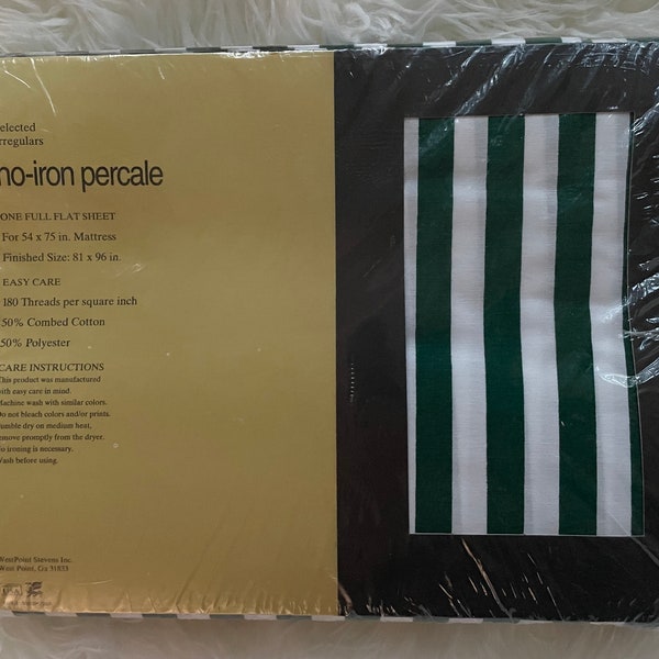 Vintage New WestPoint Green and White Striped Pattern Full Flat Sheet 1970s