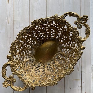 Vintage Two Handle Brass Floral Filigree Bowl Basket 1970s