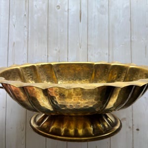 Vintage Brass Hammered Embossed Two Handle Pedestal Footed Bowl 1970s