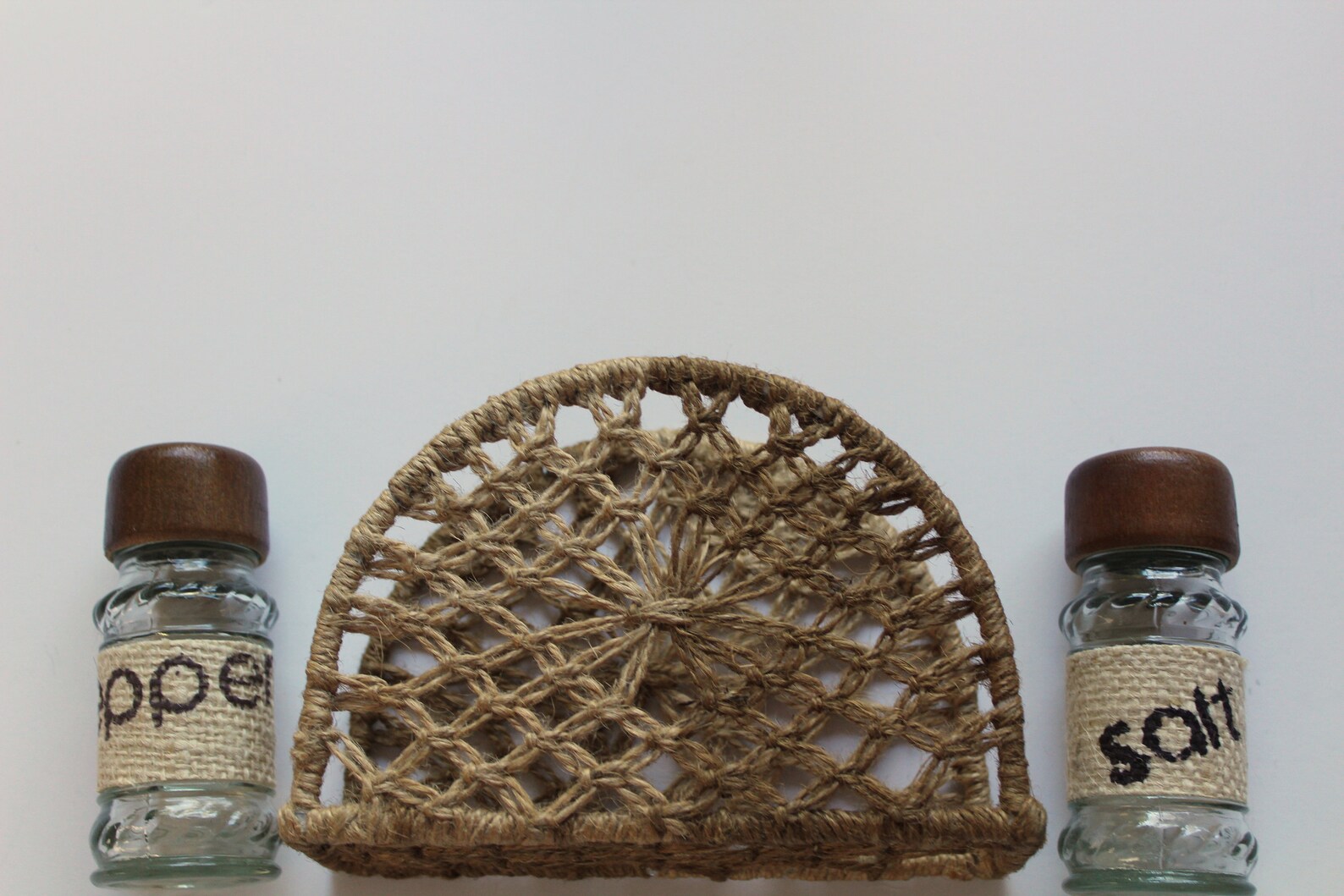 Vintage Jute Twine Napkin Holder With Matching Salt Pepper Etsy