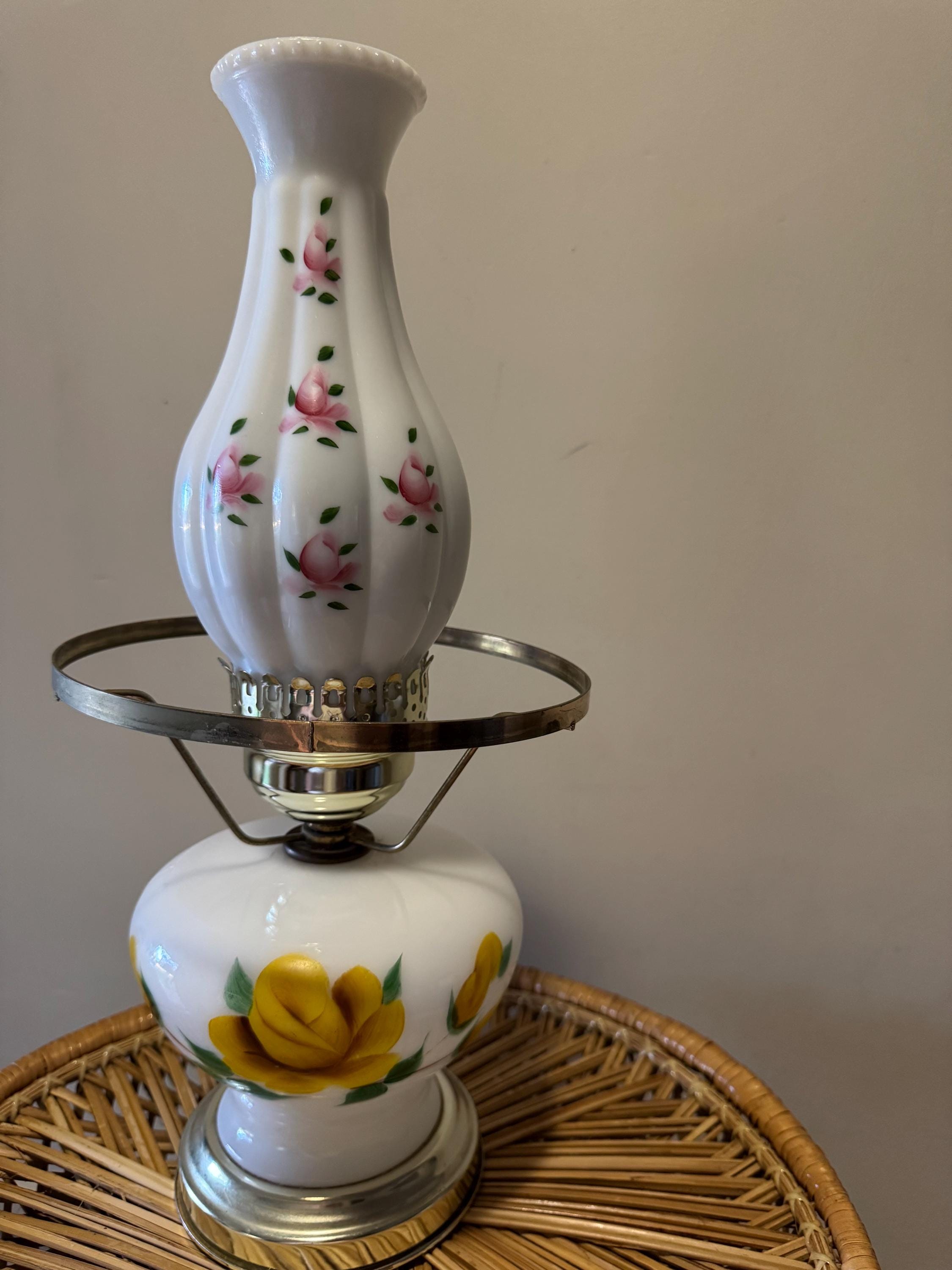 Vintage Floral Milk Glass Table Lamp With Floral Hurricane Glass