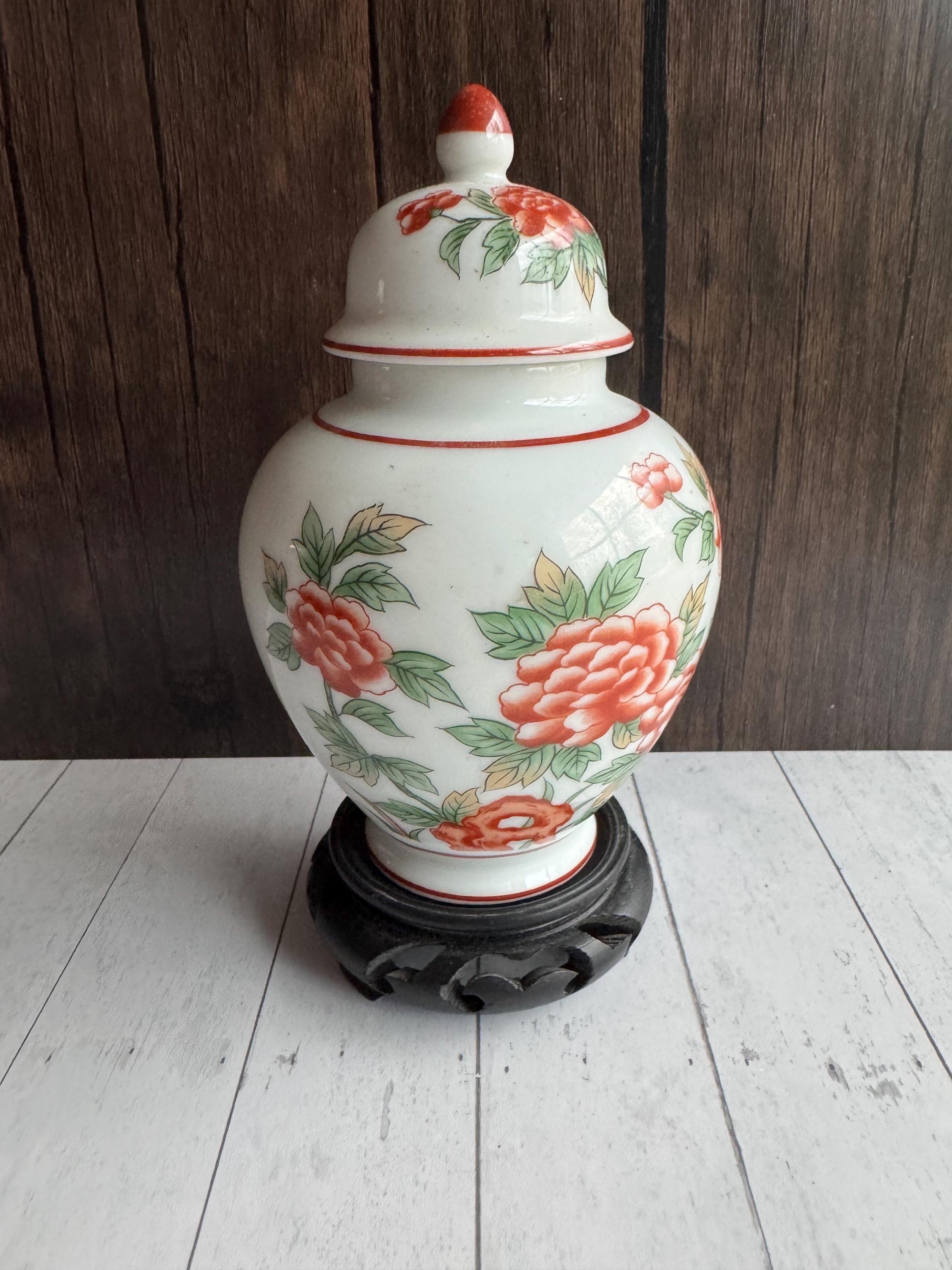 Vintage Sanford Porcelain Floral Pattern Ginger Jar With Stand
