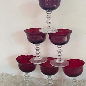 Vintage Set of 6 Ruby Red Dessert - Wine Goblets Clear Stem Glassware 1950s