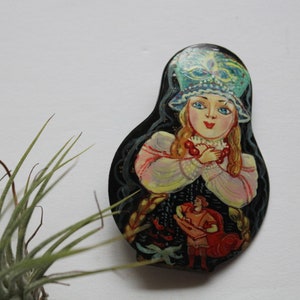 Vintage Hand Painted Russian Lacquer Wooden Lady Brooch 1970s