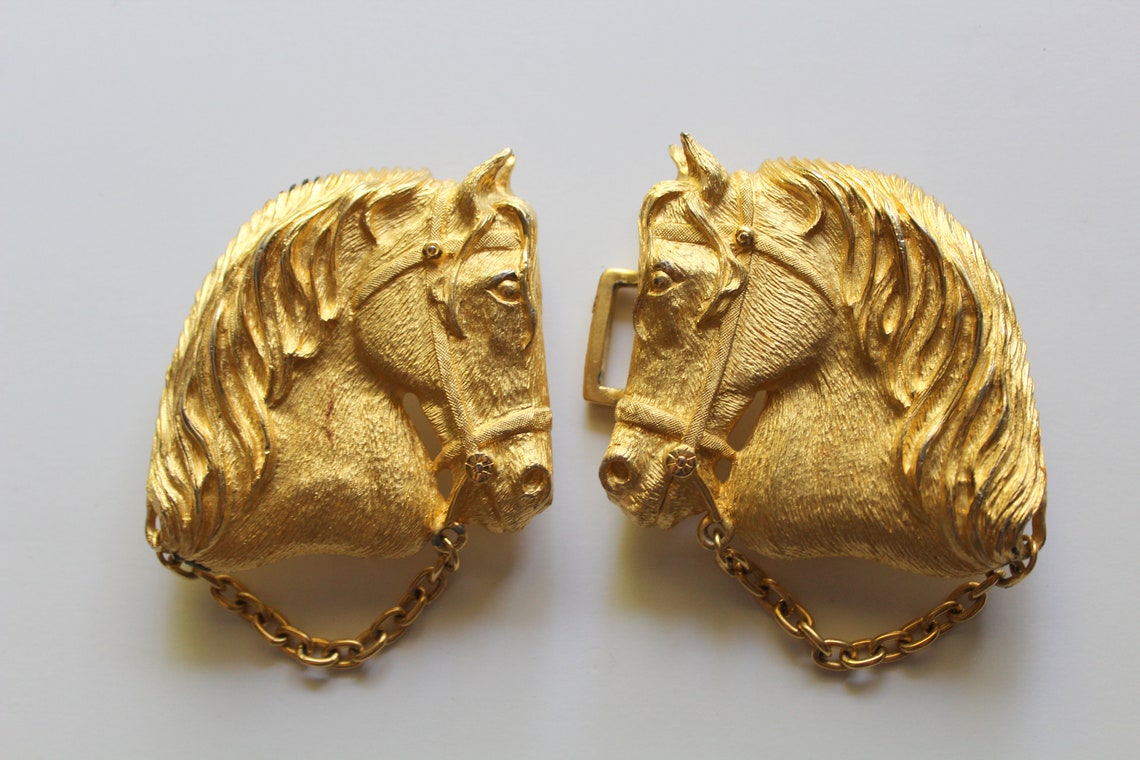 Vintage Paquette Gold Double Horse Head Belt Buckle 1970s Etsy