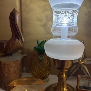 Vintage Pair of Decorative Brass Candlestick Holders With Frosted Design Glass Hurricanes 1970s