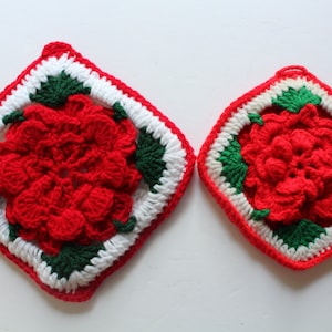 Vintage Pair of Handmade Crocheted 3D Red Flower Granny Square Potholders 1970s