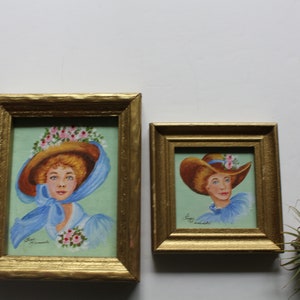 Vintage Pair of Miniature Portrait Paintings by Peggy Kaminski Art 1980s