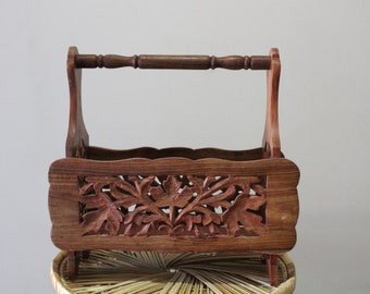 Vintage Carved Leaf Pattern Wooden Book Magazine Rack Stand 1970s