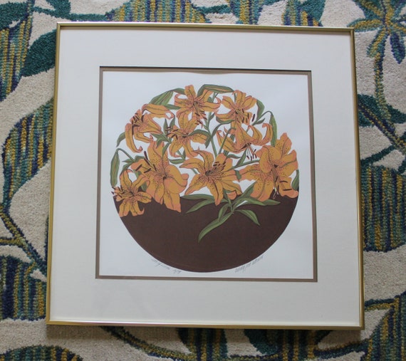 Vintage Framed Lots of Lilies Silk Screen Print Wall Hanging By Beverly Post Ketterer 1970s