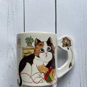 Vintage Adorable Cat Ceramic Footed Coffee Mug With Cuckoo Clock Handle 1980s