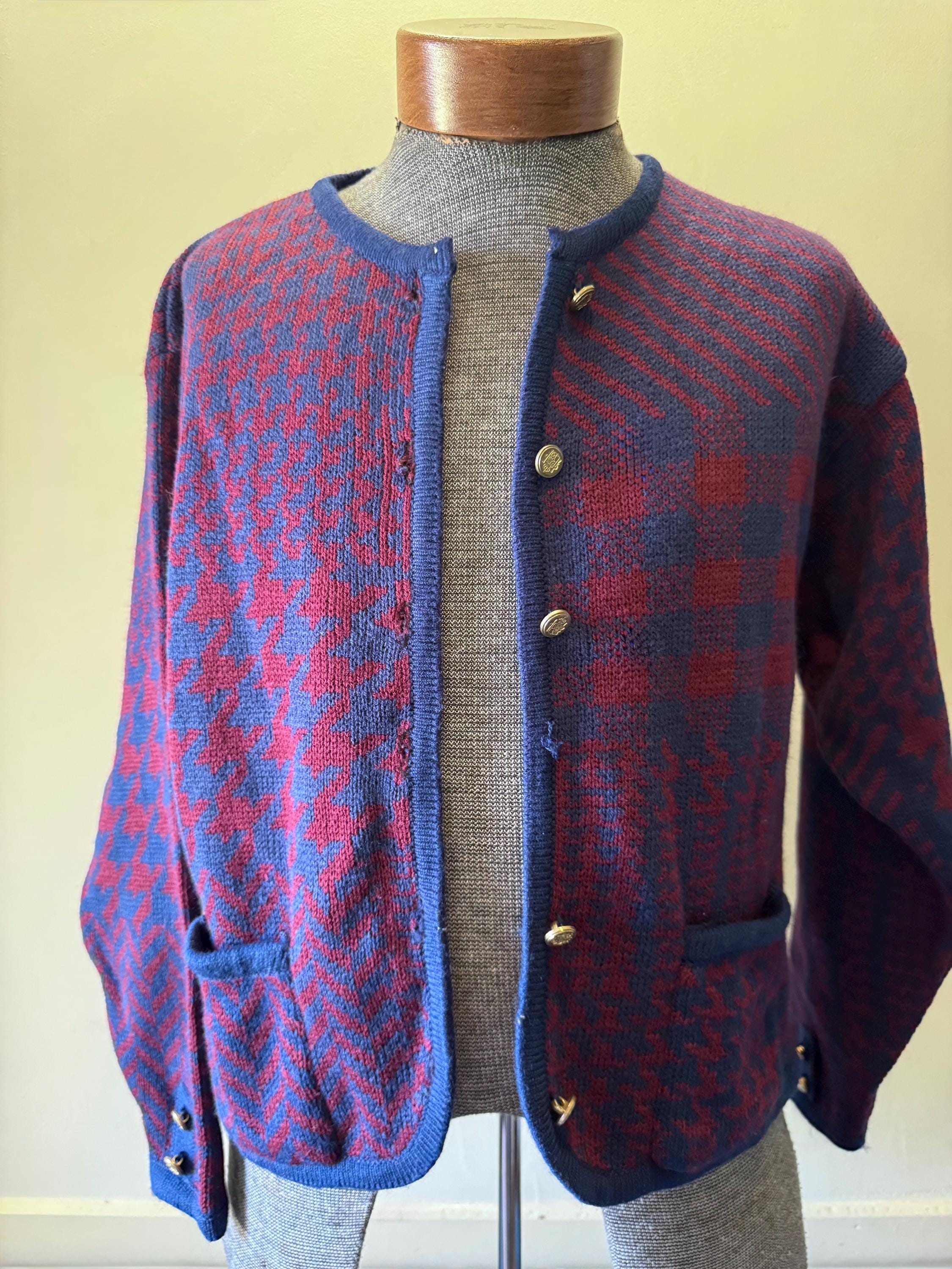 Vintage Tally-Ho Creation Plaid-Striped-Houndstooth Pattern Acrylic Cardigan Knit Sweater 1980s