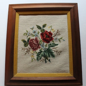 Vintage Flower Bouquet Crewel Framed Art 1970s