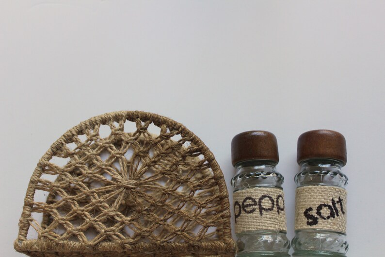 Vintage Jute Twine Napkin Holder With Matching Salt Pepper Etsy
