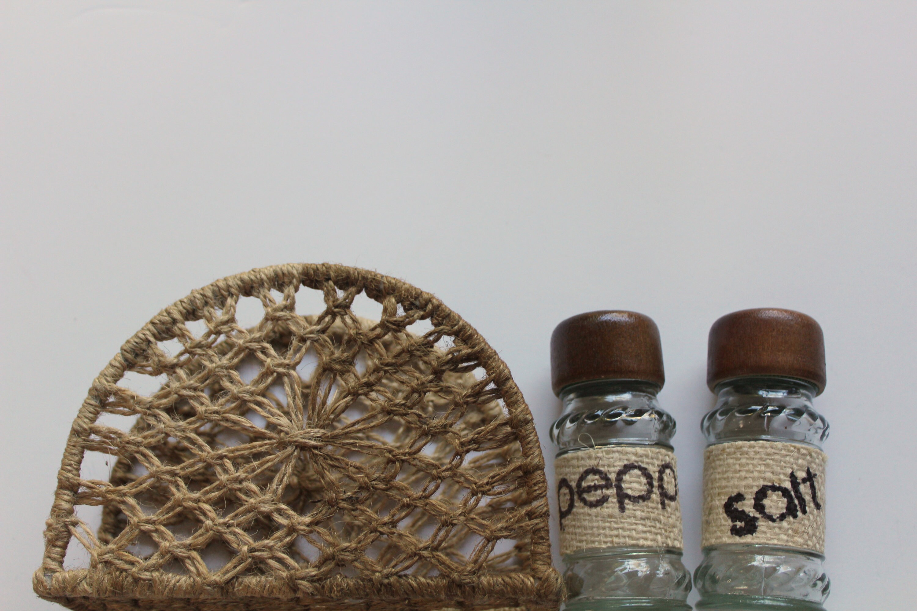 Vintage Jute Twine Napkin Holder With Matching Salt Pepper Etsy