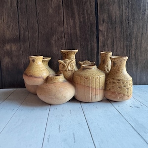 May include: A collection of handcrafted ceramic vases in various shapes and sizes. The vases feature a warm color palette of tan, beige, and brown, with textured and smooth surfaces. One vase has an owl design.