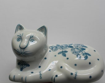 Vintage Ceramic Blue and White Floral - Polka Dot Cat Statue 1980s