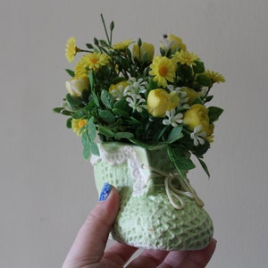 Vintage CMC Green Baby Bootie Planter With Yellow Flowers Nursery Decor 1960s