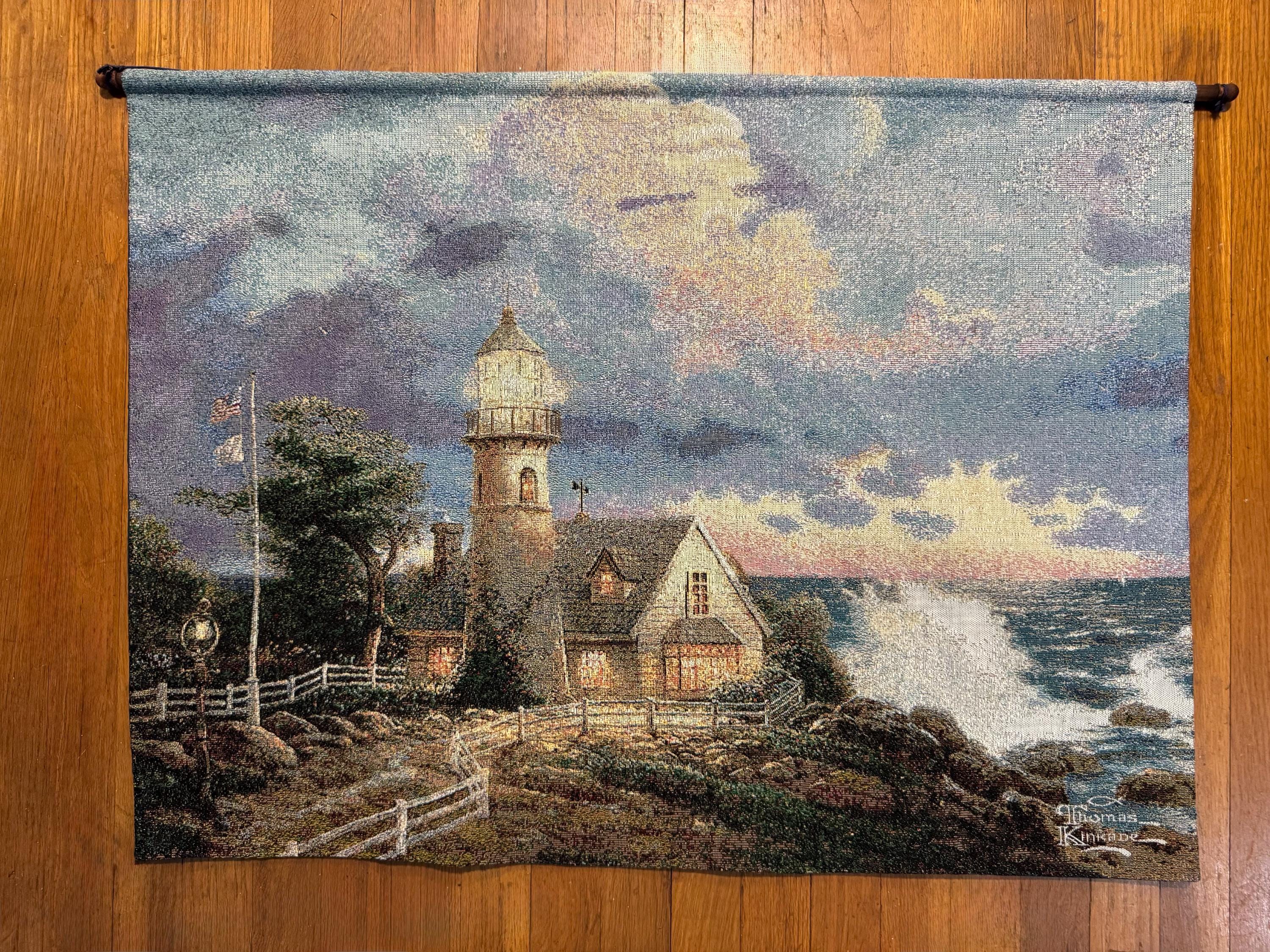 90s Thomas Kinkade ビンテージラグ 絵画 聖書 タペストリー Thomas