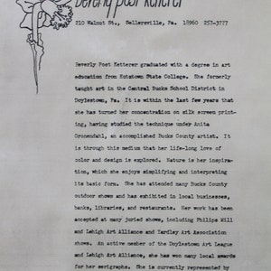 May include: Black and white illustration of a daffodil flower. The text "beverly post ketterer" is written in cursive script above the flower. The text "210 Walnut St., Sellersville, Pa. 18960 257-3777" is written below the flower.