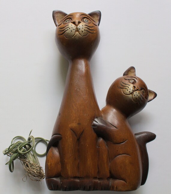 Vintage Wooden Cat With Kitten Statue Made in Thailand 1980s Etsy