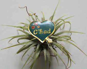 Vintage Heart Shaped Chad Name Enamel Brooch Lapel Pin 1980s