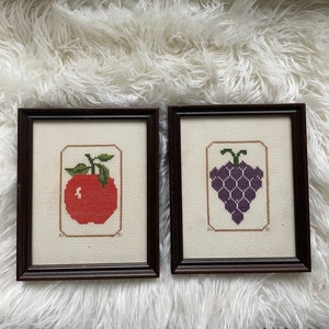 Vintage Pair of Framed Cross-Stitching Grape - Apple Wall Hangings 1981