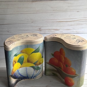 Vintage Pair of Ying Yang Nesting Fruit Pattern Metal Canister Tins 1980s