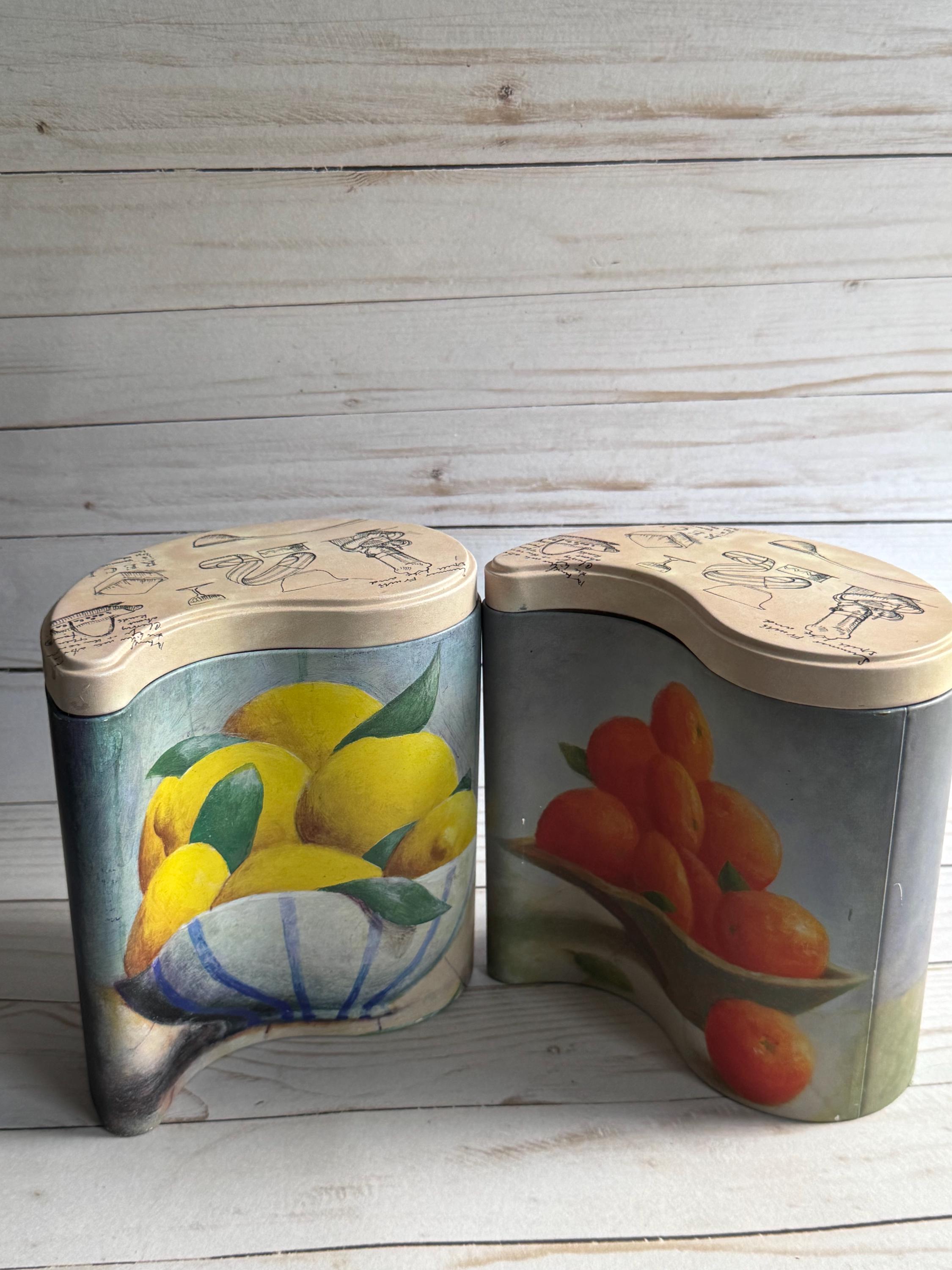Vintage Pair of Ying Yang Nesting Fruit Pattern Metal Canister