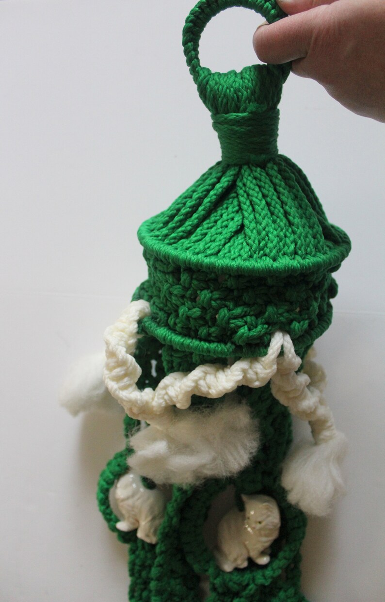 Vintage Handmade Green and White Macrame Plant Hanger with Ceramic White Cats 1970s