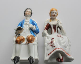 Vintage Set of Porcelain Victorian Lady and Gentleman Couple Sitting in Chairs 1950s