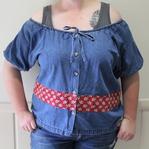 Vintage Proudly Plus Women&#39;s Denim Off The Shoulder Fishbone Pattern Blouse 1990s