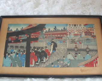 Antique Samurai Ceremony Meiji Japanese Woodblock Triptych Wall Art 1900s