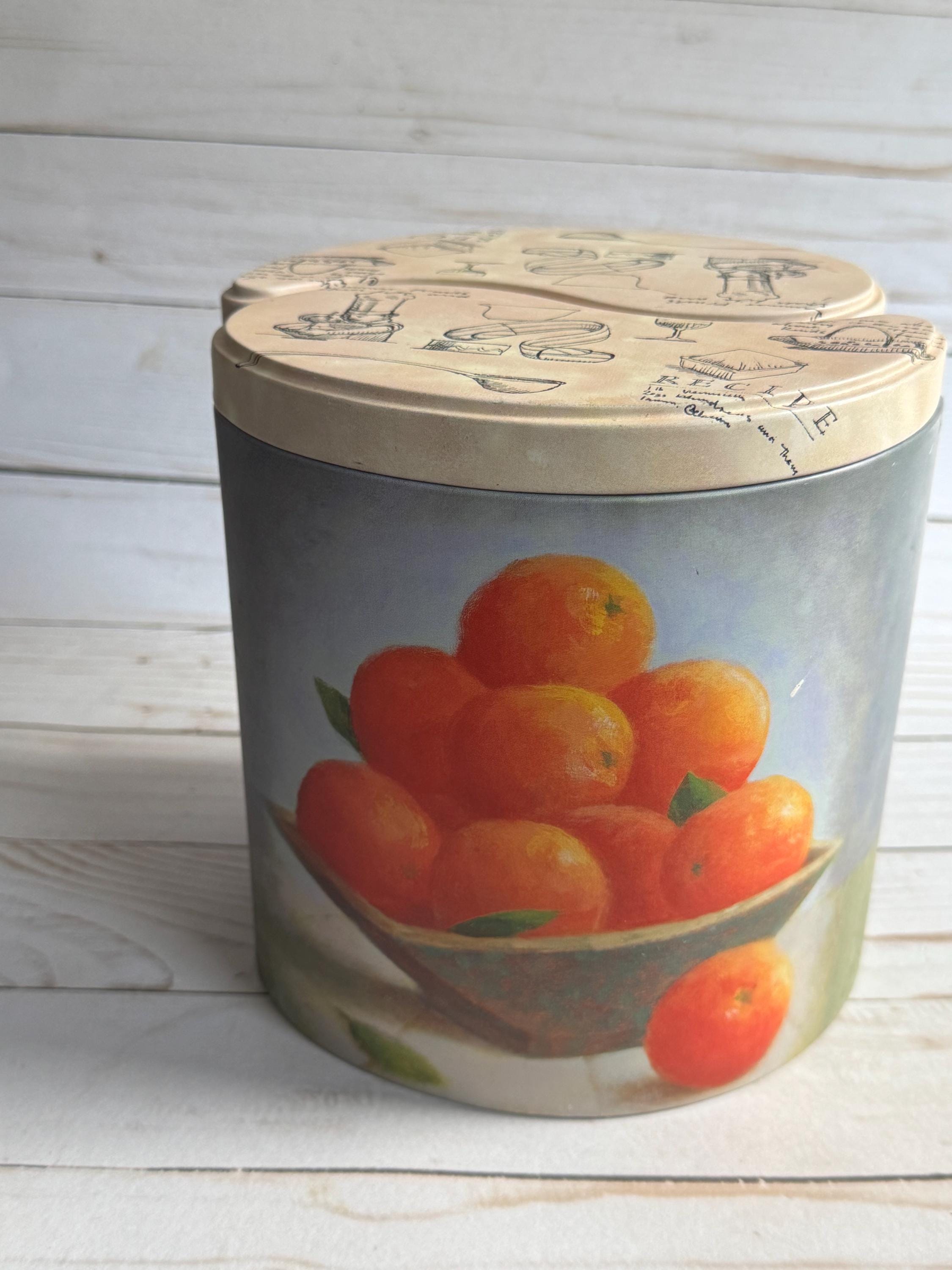 Vintage Pair of Ying Yang Nesting Fruit Pattern Metal Canister