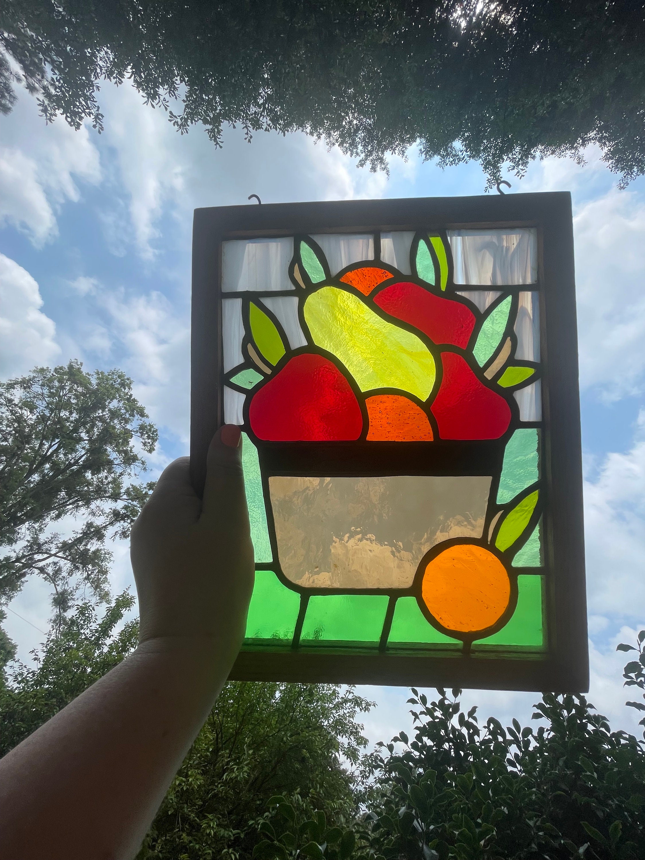 Vintage Framed Stained Glass Fruit Basket Suncatcher Hanging Art