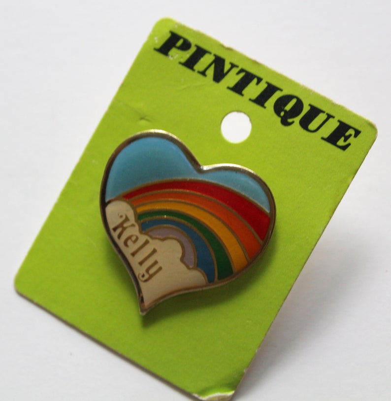 Vintage Heart Shaped Rainbow Kelly Name Enamel Brooch Lapel Pin 1980s image 6