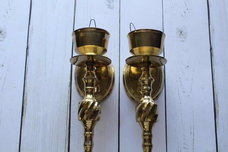 Vintage Twisted Brass Candlestick Holder Wall Sconces 1970s image 3