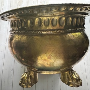 Vintage Large Italian Jardinière Claw Footed Brass Embossed Pattern Planter 1950s