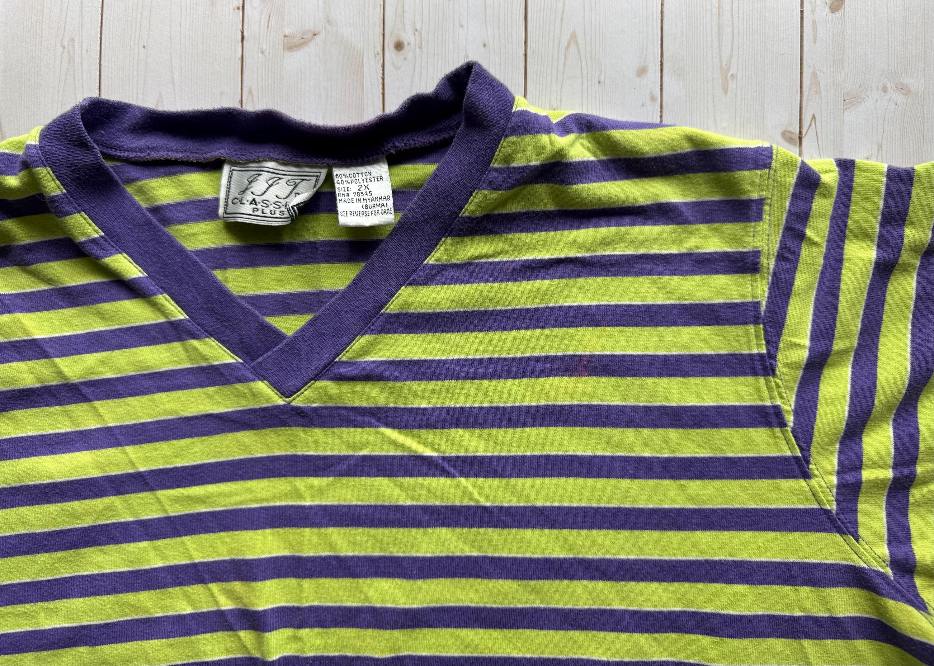 Vintage JJJ Classics Plus Purple and Green Striped Short Sleeve V