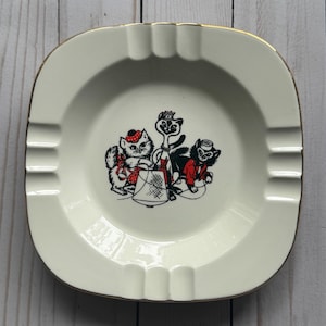 Vintage Cavalier Advertising Posh Cat Pattern Porcelain Ashtray 1970s